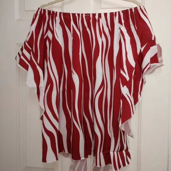 New Zebra Print Boho Off On Shoulder Front Tie Top - Picture 5 of 11